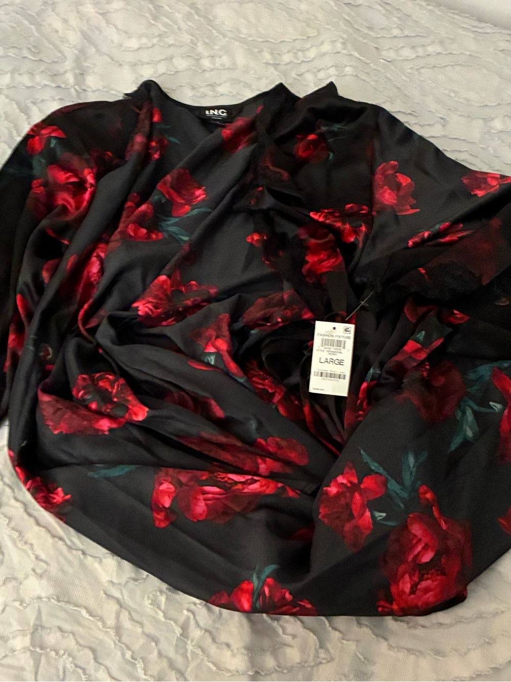 INC International Concepts Black Floral Satin Robe with Red Flowers